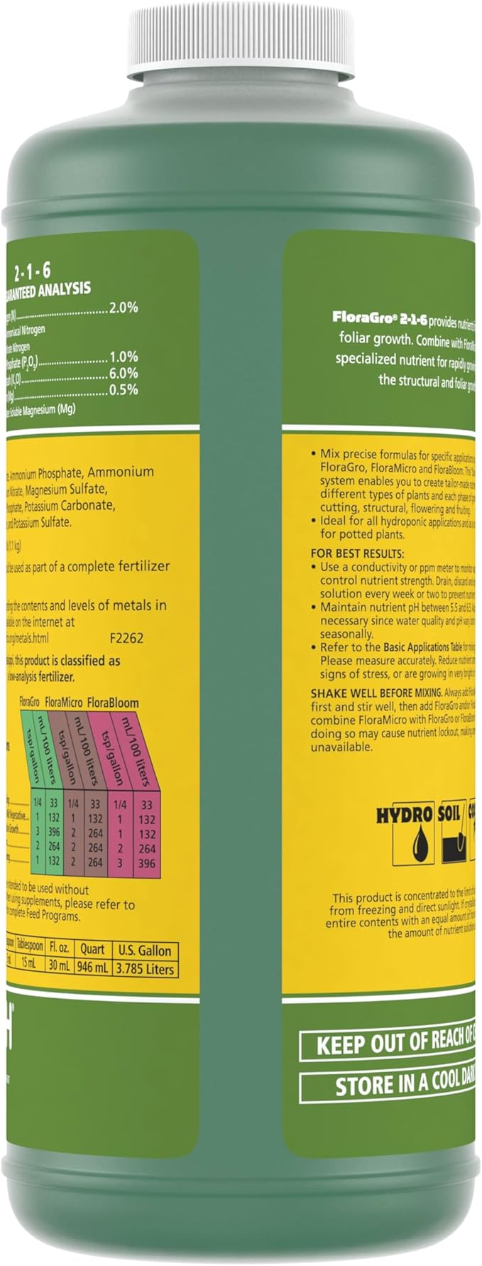 General Hydroponics FloraGro 2-1-6 Plant Food, Part of FloraSeries Advanced Nutrient System for Plants, 1 Quart