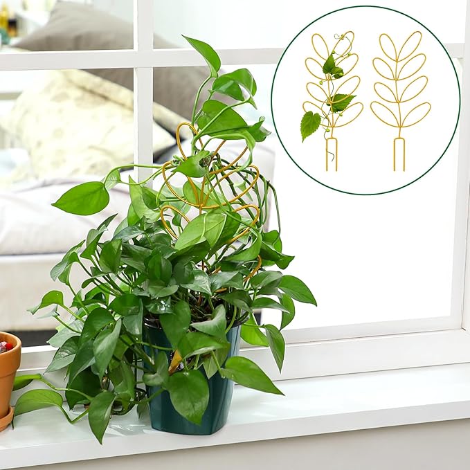 Metal Trellis for Potted Plants, 2 Pack 12'' Small Leaf Shape Plant Climber Supports Mini Garden Trellis Indoor Climbing Plants Stakes Houseplant Accessories for Hoya Vines, Pothos, Flower, Monstera