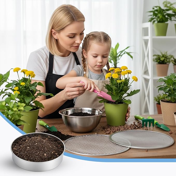 4 PCS Sifter for Rocks, 10 Inch Soil Sifter for Gardening with 3, 6, 9, 12 mm Stainless Steel Sifting Screen Round Rock Crusher for Sifting Sand, Soil, Stones Compost and Cat Litter