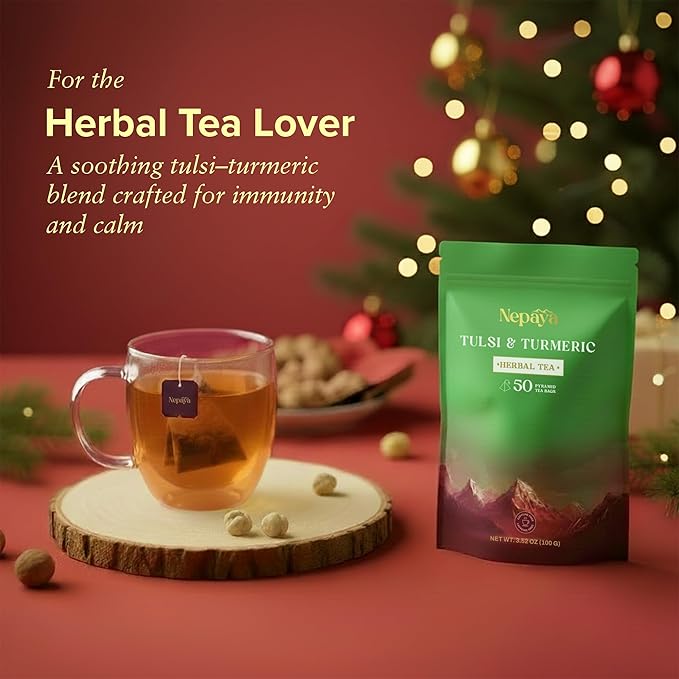 Nepaya Tulsi & Turmeric Herbal Tea – 50 Pyramid Tea Bags, Holy Basil with Cinnamon & Black Pepper, Biodegradable, Caffeine-Free, Himalayan Blend