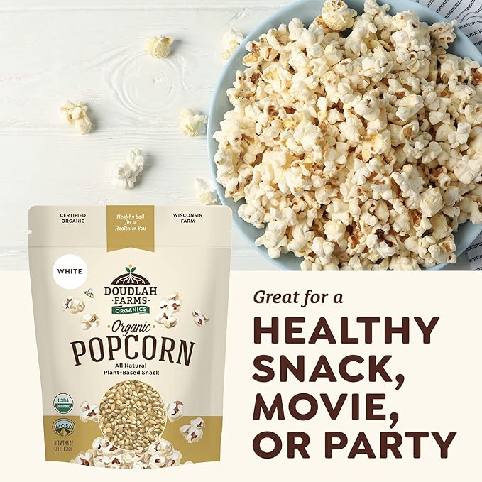 Organic White Popcorn Kernels Unpopped 3 lb - Healthy, Non-GMO, Gluten-Free, Pesticide-Free, Chemical-Free, Glyphosate-Free, Grown in Regenerative Soil in Wisconsin USA by Doudlah Farms