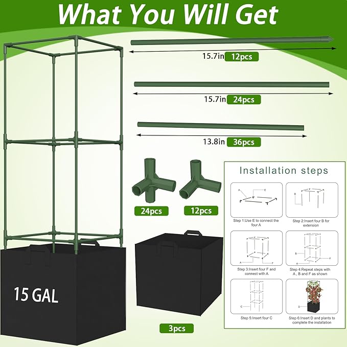 3 Pack Tomato Cages for Garden, 47in Tall Square Tomato Trellis with 15 Gallon Grow Bags, Plant Planter for Garden, Patio & Balcony, Metal Tomato Cage for Tomatoes Cucumbers Peas Climbing Plants