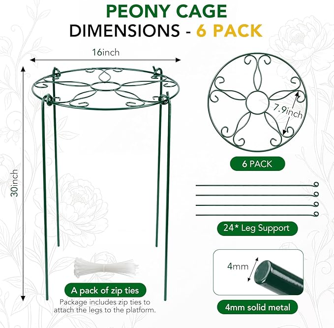 6 Pack 16 x 30 Inch Peony Cages and Supports, 16" D x 30" H Grow Through Plant Support Grid Brace for Outdoor Plants Flower, Metal Peony Stake Peony Ring Hoops Frame Support for Rose Tomato Vegetables