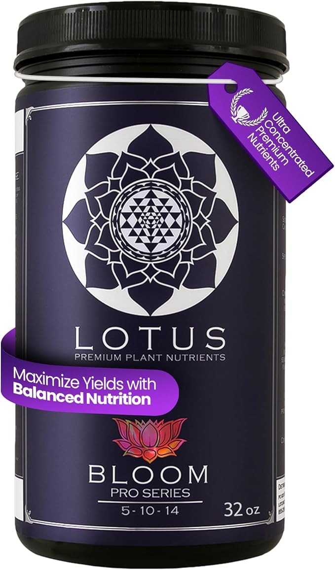 Lotus Nutrients Bloom Pro Series, Water Soluble Hydroponic Plant Food for Flowering and Fruiting, 14+ Ingredient Powder with 100% Chelated Micronutrients and Amino Acids, Coco Coir, Hydro, Soil (32oz)