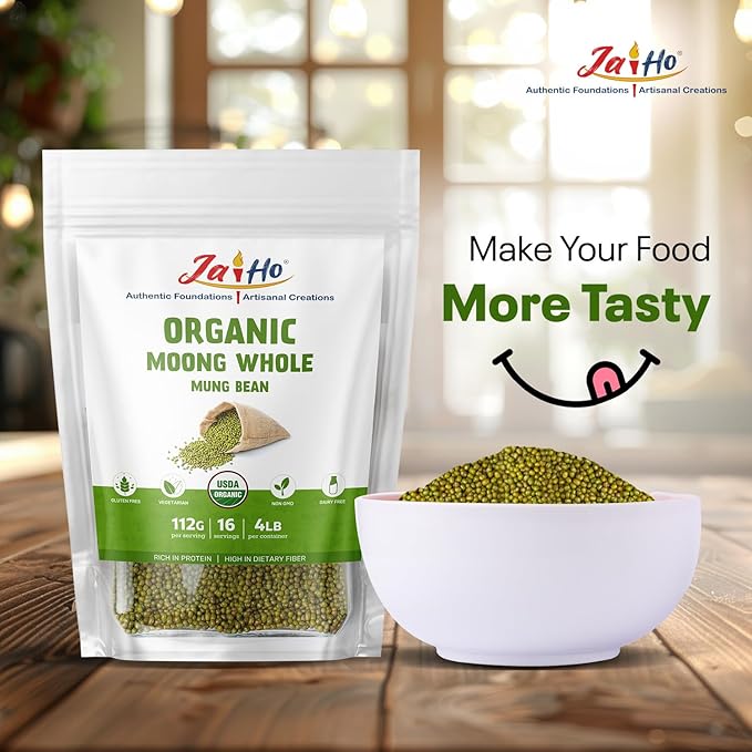 Jai Ho Certified Organic Moong 4 lb - Mung Beans Whole for Sprouting and Cooking - USDA Organic | Non-GMO | Chemical-Free | Premium Quality Kosher | (Whole Moong (Mung Bean))