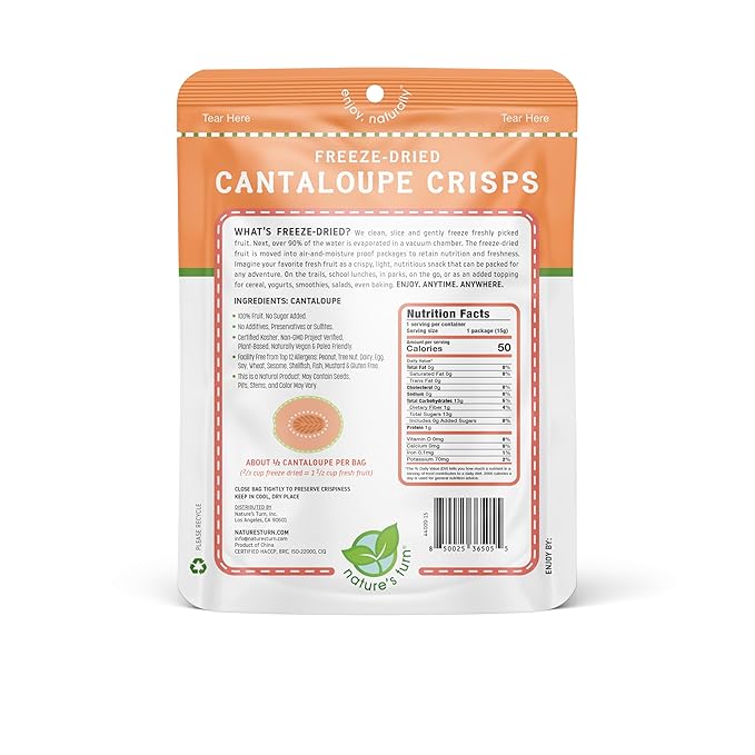 Nature’s Turn Freeze-Dried Cantaloupe Crisps – Healthy, Gluten-Free, Crispy & Delicious, Plant-Based Snack, Ideal for Cereal, Smoothies, School Lunches, & On-the-Go, Bags of 6 (0.53 oz Each)