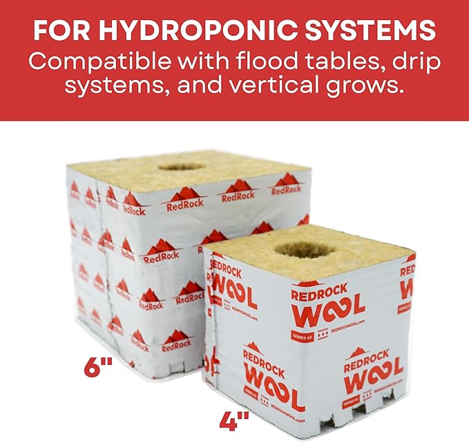 Redrock 4 inch Rockwool Cubes – 4" x 4" Stone Wool Starter Blocks with 42/40 Hole | 6-Pack | for Hydroponics & Indoor Growing | Includes Twin Canaries Chart