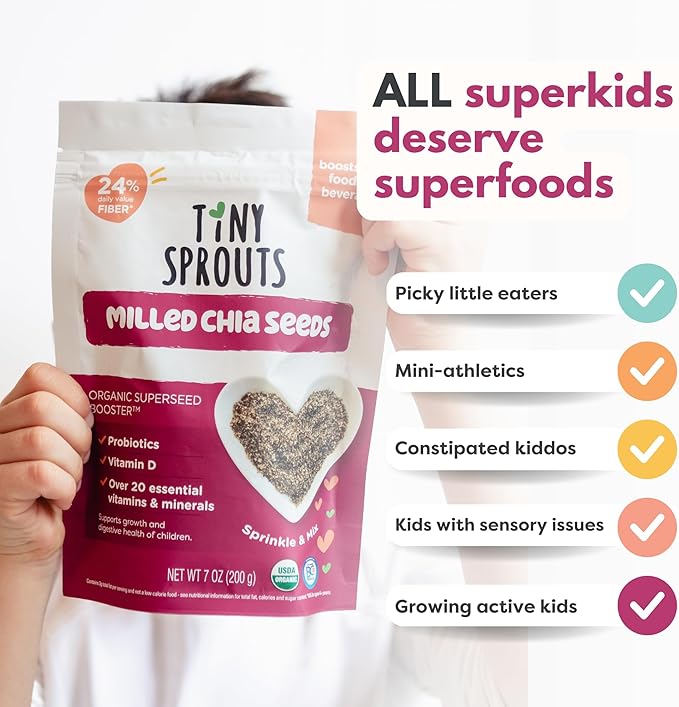 Tiny Sprouts Organic Milled Chia Seeds + Full Serving Probiotic + Vitamin D3 I Kids Superfood Nutrition Booster I Plant-Based Omega-3, Prebiotic Fiber, Calcium, Protein I Gluten-Free, Dairy-Free Superseed Blend I 7 oz x 1 Pack