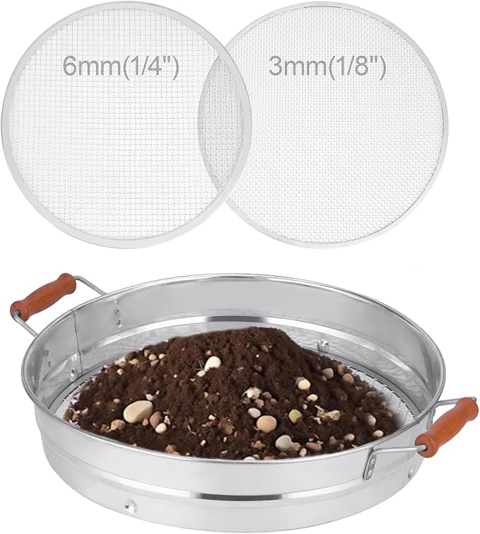 Stainless Steel Soil Sifter with Wood Handle - 14 Inch Large Garden Sieve & Compost Screen Pan for Dirt, Rocks, Gravel & Sand - 2 Heavy Duty Rustproof Replaceable Meshes (3mm & 6mm)