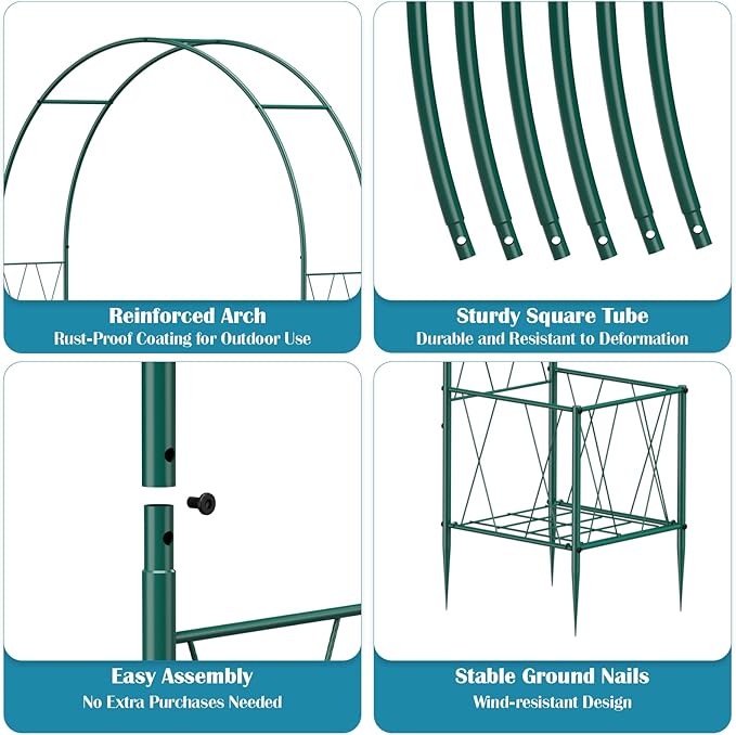 Thickened Tube Garden Arch Trellis with Planter Boxes,Metal Arch Frame,Pumpkin Archway Outdoor Garden Arbors and Arches for Wedding Party Decoration, Christmas Decor Pergola for Garden Backyard(Green)