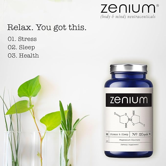 Zenium - Magnesium Glycinate for Sleep, 120 Capsules, 400mg per Serving | Chelated & High Absorption | Relieve Stress, Tension, Worry & Irritability | Calm Mind & Body | Ayurvedic | Natural Supplement