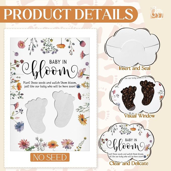Fumete 50 Pack Footprint Style Baby in Bloom Baby Shower Favor for Guest Wildflower Seeds Packets Party Favor with Love Window Wildflower Seed Envelopes for Wedding Party Gender Reveal