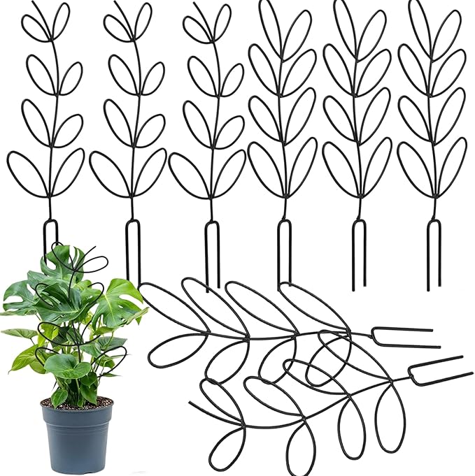 KEILEOHO 8 Packs 12 Inch Metal Leaf Shape Small Trelli, Indoor Plant Trellis Garden Trellis for Climbing Potted Plants, Black