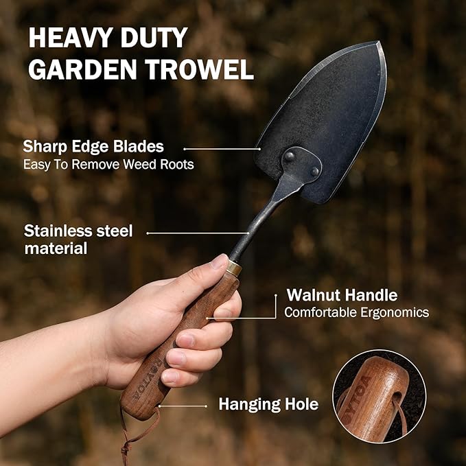 Garden Hand Trowel, Heavy Duty Stainless Steel Garden Shovel with Walnut Handle, Small Gardening Tools for Planting, Digging and Wedding