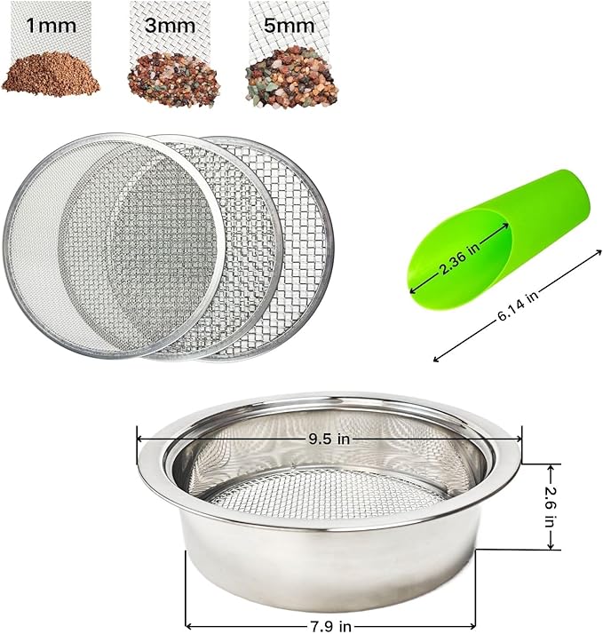 Soil Sifter for Gardening, Stainless Steel Sifting Pan Dirt Sifter, 9.5in Rock Sifter with 3 Sieve Mesh Filter Sizes
