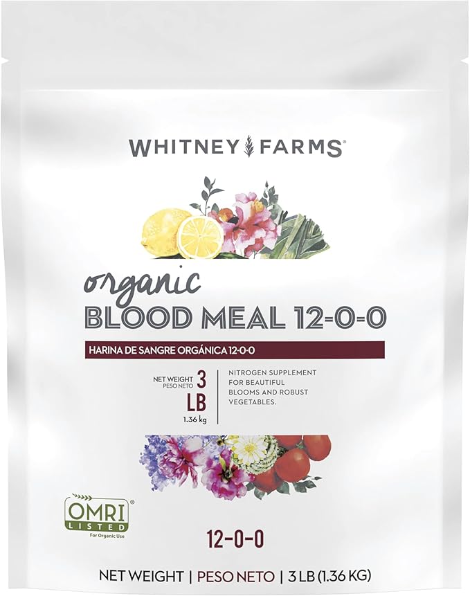 Whitney Farms Organic Blood Meal 12-0-0 - Nitrogen-Rich Fertilizer for Growth in Flowers, Vegetables, Bulbs, Trees and Shrubs - 3 lb.