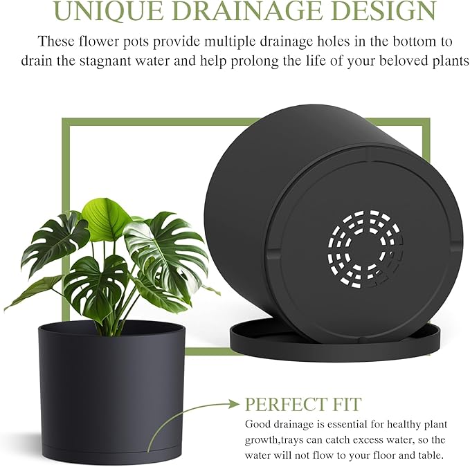 10/9/8 Inch Large Plant Pots with Drainage Holes and Trays, 3 Pack Modern Minimalist Cylinder Planters for Monstera, Snake Plant, Indoor Outdoor (Matte Black)