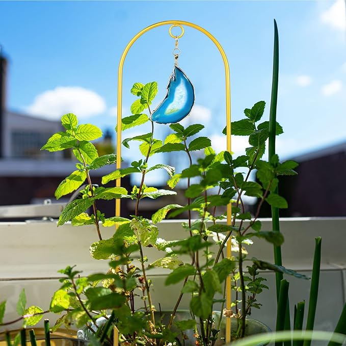 2PCS Small Gold Trellis for Climbing Plants Indoor, Mini Metal Houseplant Climber Support for Potted Plants, Boho Decorative Pot Lattice with Agate for Hoya, Pothos, Ivy, Philodendron