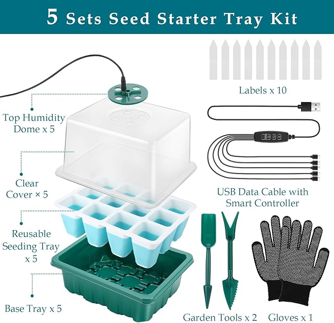 Seed Starter Tray with Grow Light, 60 Flexible Cells 5 PCS Seed Starter Kit, Reusable Seedling Starter Trays with Humidity Dome and High Lid, Germination Trays for Indoor Greenhouse Seed Starter