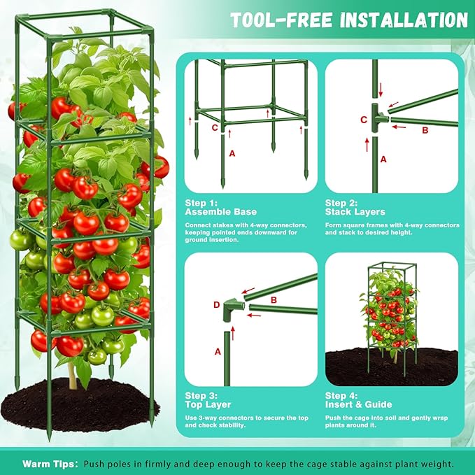 Riare 6 Pack Square Tomato Cages for Garden Plant Support- Up to 60 Inch Tomato Cage Garden Stakes Tomato Trellis for Potted Plants Raised Garden Bed Climbing Vegetables Flowers Outdoor Indoor