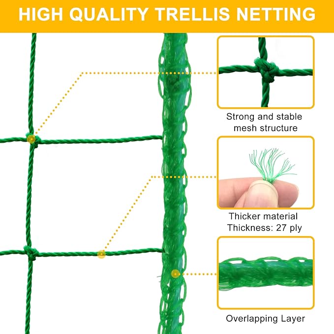 Garden Trellis Netting for Climbing Plants Outdoor, Plant Netting for Cucumber, Tomato, 6.6x32.8 FT Trellis Net with 4x4 Inch Mesh as Vegetable Netting for Grape, Bean,Growing Pea,w/Plant Clips