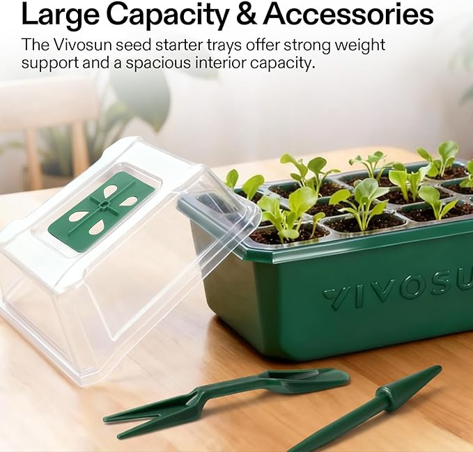 VIVOSUN 12-Pack Seed Starter Trays, 144-Cell Seed Starter Kit with Humidity Dome, Flat Reusable Plant Germination Trays with Drain Hole, Green Propagation Tray for Planting Seeds