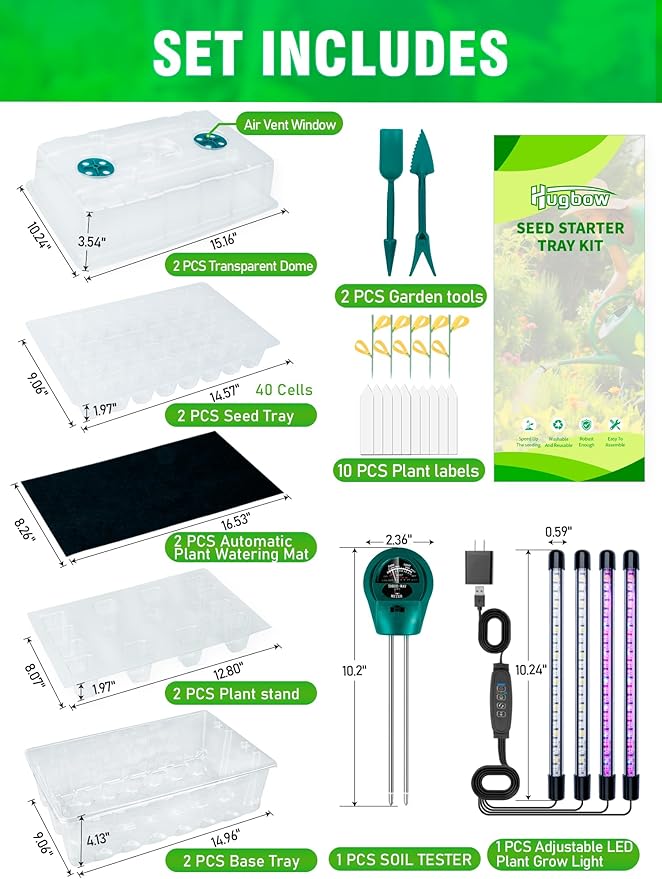 Hugbow Self-Watering Seed Starter Tray with Grow Light, 80-Cell Plant Starter Trays Seed Starter Kit, Seed Starter Tray for Seed Starting, Plant Germination & Seedling Growing, 2 Pack