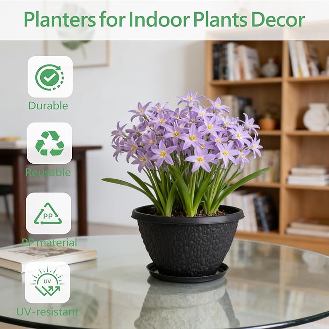 4 Pack 8 inch Plant Pots for Outdoor Indoor, Durable Flower Pots with Drainage, Indoor Outdoor Planters for Herbs Flowers (Black Pebbles Design)