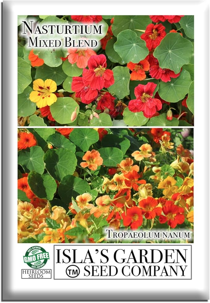 Nasturtium Mixed Blend Flower Seeds for Planting - 50+ Flower Seeds Per Packet, (Isla's Garden Seeds) Non-GMO & Heirloom, Botanical Name; Tropaeolum majus, Great Garden Gift