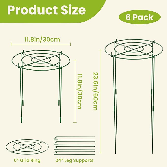 6 Pack Peony Cages and Supports, 11.8" x 24" Tall Peonies Support Cage, Heavy Duty Metal Peony Stakes and Supports for Rose Hydrangea Flower Plant