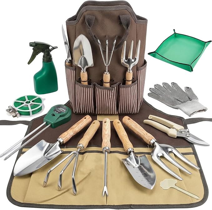 14 PCS Garden Tool Set with Soil Moisture Meter, Stainless Stell Heavy Duty Gardening Hand Tools with Wood Handle, Tote Bag, Repotting Mat, Gardening Tool Set Ideal Gift for Women and Men