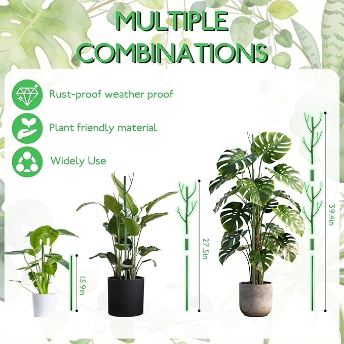 16 Pack Stackable Monstera Plant Support, 27.5 Inch Climbing Plants Support Structures for Indoor Outdoor Plants, 20 Orchid Clips & 16 Twist Clips & 65.5ft Twist Ties