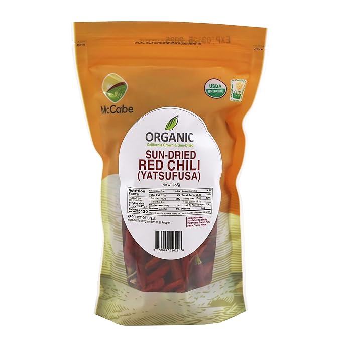 McCabe Organic Sun-Dried Red Chili Pepper - Dried Japanese Variety Chili Peppers | Rich with Vitamin D & Minerals | USDA and CCOF Certified | Product of USA | 50g (Japanese Pepper/Yatsufusa Variety)