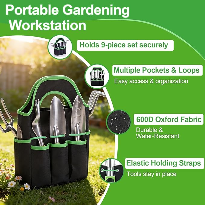 Garden Tools Set - Rust-Proof Aluminum Gardening Tools Set with Organizer Handbag, Durable Garden Tool Set - Gardening Gifts for Women and Men