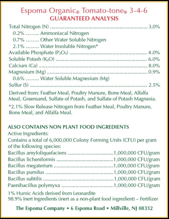 Espoma Organic Tomato-Tone 3-4-6 with 8% Calcium. Organic Fertilizer for All Types of Tomatoes and Vegetables. Promotes Flower and Fruit Production. 4 lb. Bag
