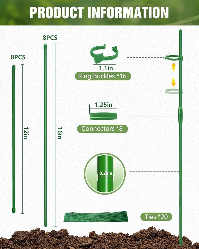 Joyhalo 16 Pack Plant Stakes for Indoor Plants, 12 Inch and 16 Inch Garden Stakes, Adjustable Plant Support Sticks for Tall Plants As Tomatoes Beans Orchid Vegetable
