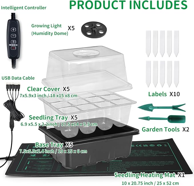 Seed Germination Kit with Heat Mat and Light Humidity Domes, 60 Cell Starter Trays Germination Station Cloning Kit