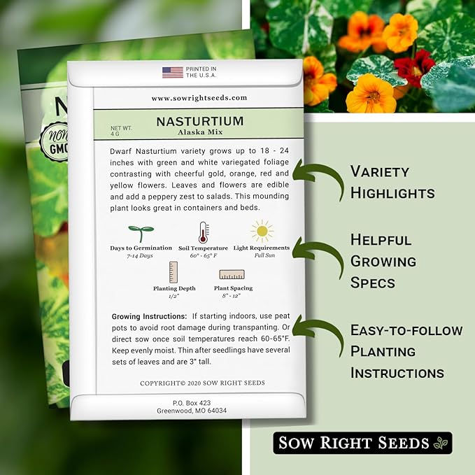 Sow Right Seeds - Dwarf Alaska Mix Nasturtium Seeds for Planting - Edible Flower - Non-GMO Heirloom Packet with Instructions to Plant in Your Garden - Warm Colored Blooms and Variegated Leaves (2)