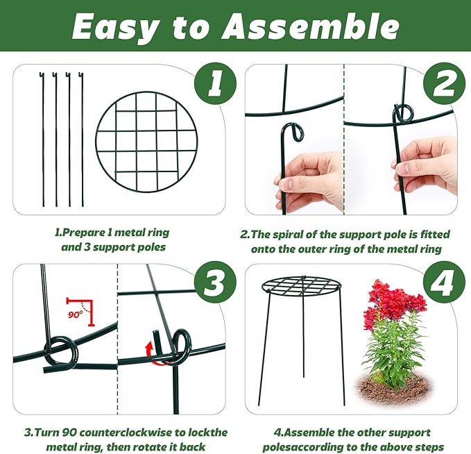 4 Pack Round Peony Cages and Supports 12 x 16 Inches (D x H) Grow Through Grid Plant Brace Plant Support Stake Heavy Duty Metal Flower Support Rings for Rose Tomato Hydrangea Strawberry