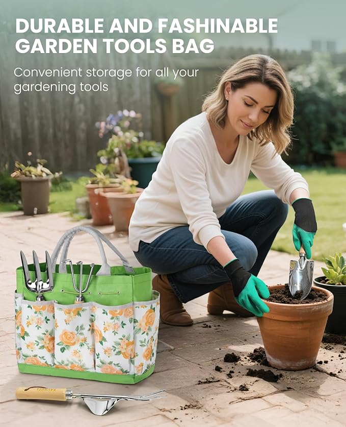 Gardening Tools - 10 Piece Heavy Duty Gardening Hand Tools Stainless Steel Garden Tools with Wooden Handle, Storage Garden Bag, Gardening Gifts for Women and Men
