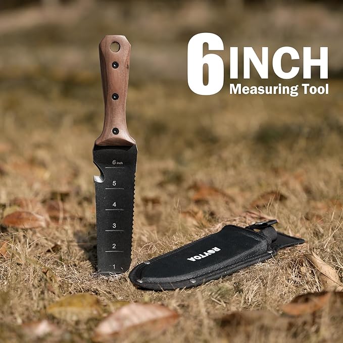 Hori Hori Garden Knife, Garden Tools with Sheath for Weeding,Planting,Digging, 7" Stainless Steel Blade with Cutting Edge, Full-Tang Walnut Wood Handle with Hanging Hole