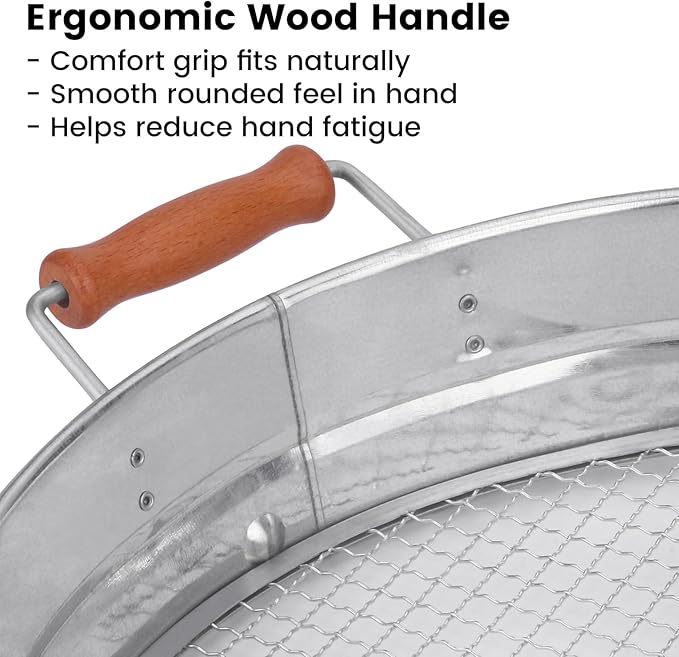Stainless Steel Soil Sifter with Wood Handle - 14 Inch Large Garden Sieve & Compost Screen Pan for Dirt, Rocks, Gravel & Sand - 2 Heavy Duty Rustproof Replaceable Meshes (3mm & 6mm)