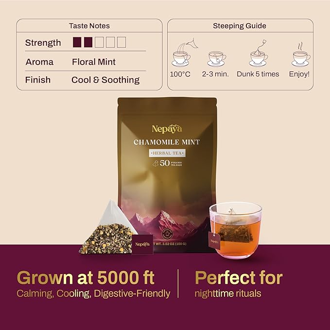 Chamomile Mint Herbal Tea Bags, Relaxing Bedtime Blend with Lemongrass, Peppermint Individually Wrapped Pyramid Tea Bags, Fennel & Peppermint, Caffeine Free Teabags, Hot or Ice Tea, 50 Biodegradable Tea Bag