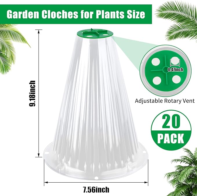 UQM 20 Pack Garden Cloches for Plants, Reusable Bell Plant Protector with Rotary Vent Cover, Garden Protection from Animals Snails Birds Chickens Insect, 9.18" H X7.56 D (Clear)