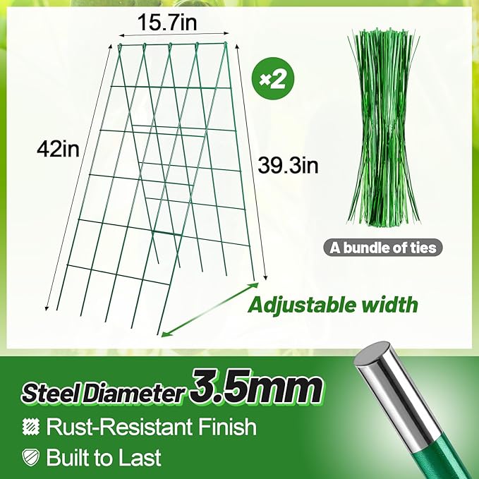 2 Pack Stable Cucumber Trellis, Foldable Garden Trellis for Raised Bed, A-Frame Metal Plant Support Trellis with Ties for Bean Raspberry Squash Climbing Plants Outdoor