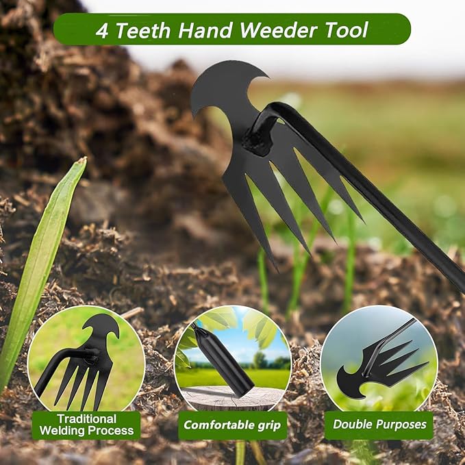 Weed Puller Gardening Hand Weeder Tools,Portable Artifact Uprooting Weeding 6 Teethes Manganese Steel Weed Removal Dual Purpose Manual Hand Pulling Tool for Lawn Garden (Black)