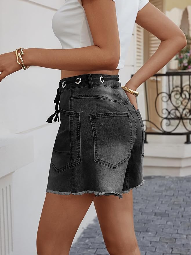 Cicy Bell Women Drawstring Mid Waist Denim Shorts Summer Casual Wide Leg Jorts Boyfriend Baggy Jeans Short Pants with Pockets