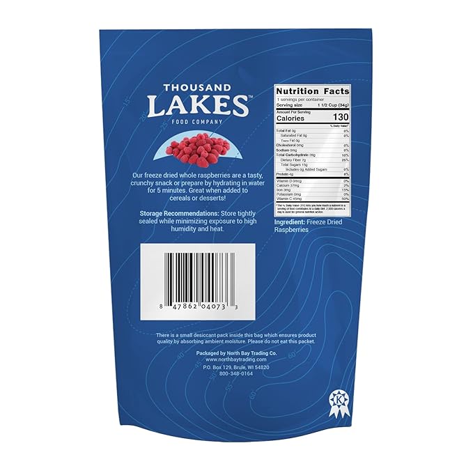 Thousand Lakes Freeze Dried Fruit - Raspberries 1.2 ounces | No Sugar Added | 100% Whole Raspberries