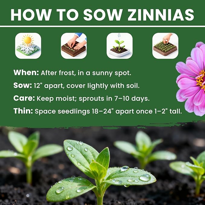 PLANTMEW 1000+ Zinnia Seeds Flower Seeds for 2026 Planting, 0.35 Oz, 5 Varieties (Pink, Yellow, Orange, White, Purple), 10G Mixed Colors and Large Blooms, Open Pollinated - Bulk (0.35 Ounce Pouch)