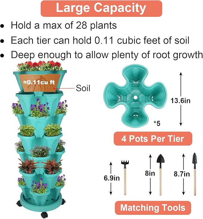 GameXcel Vertical Planter 7 Tier Stackable Planters Garden Planters Strawberry Herb Flower and Vegetable Planter Indoor Outdoor Gardening Pots with Removable Wheels and Tools
